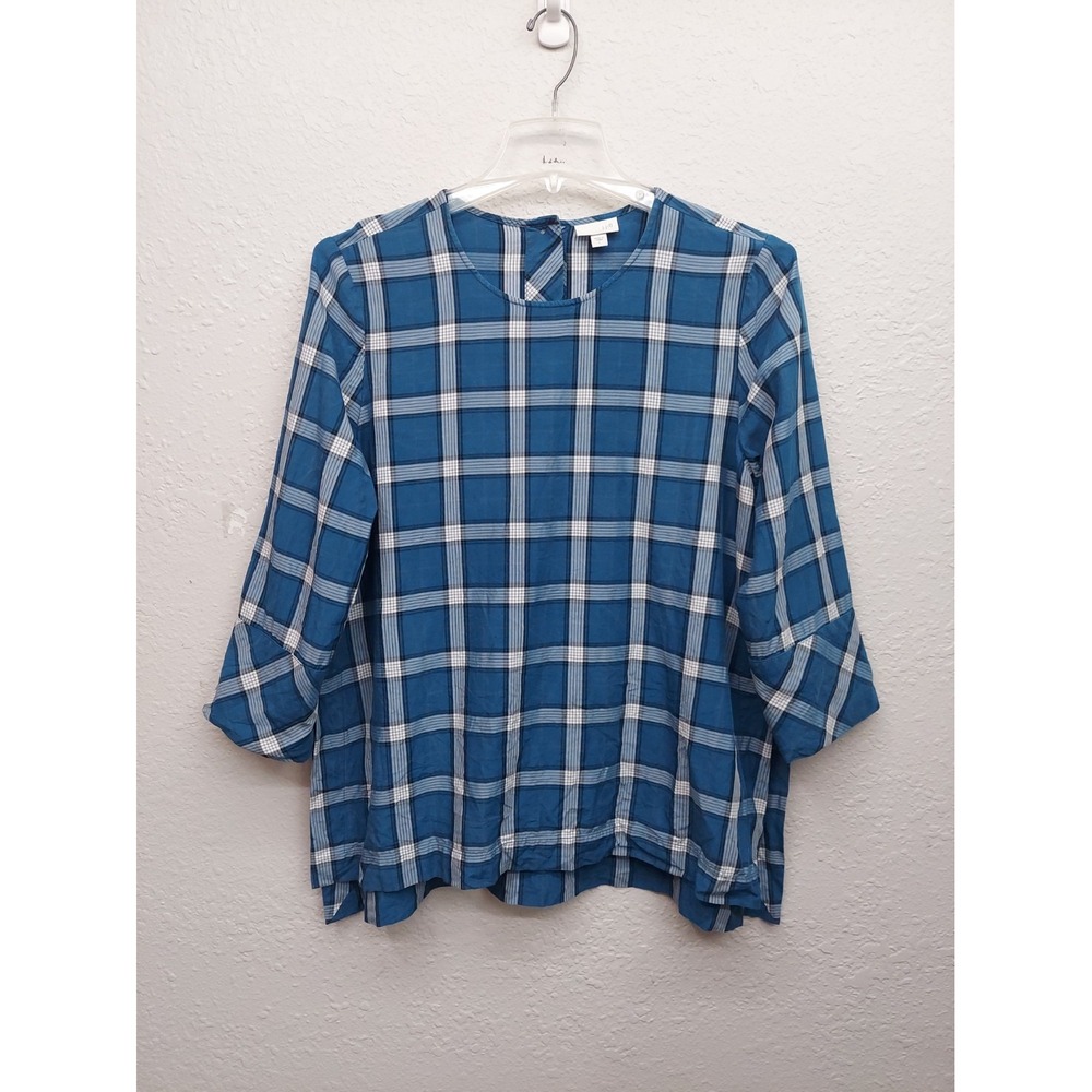 J Jill Tunic Top Womens Large Blue Plaid Oversized Boxy Button Back Slits Tencel